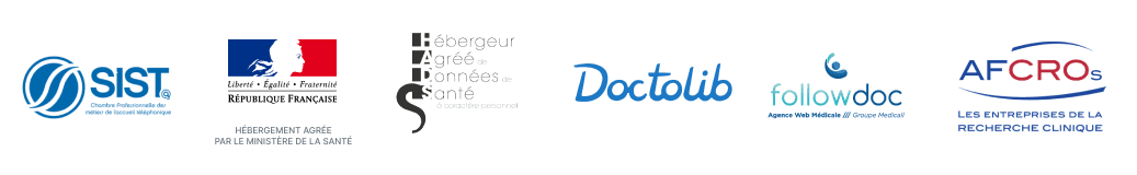 Partenaires : SIST, hébergement agréé par le ministère de la Santé, Hébergeur agréé de données de santé, Doctolib, Followdoc, AFCROs
